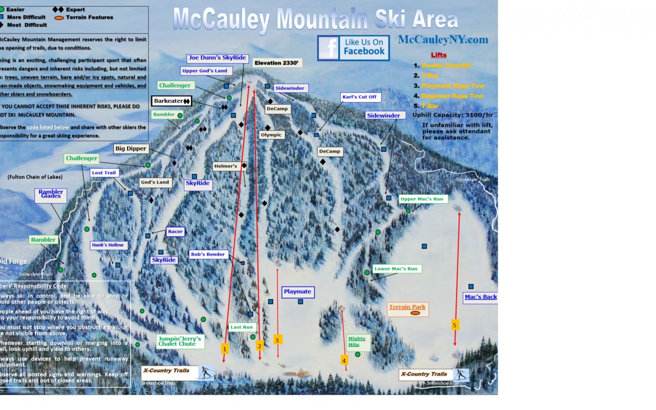 Ski Trail Map for McCauley Mountain Ski Area in Old Forge, NY