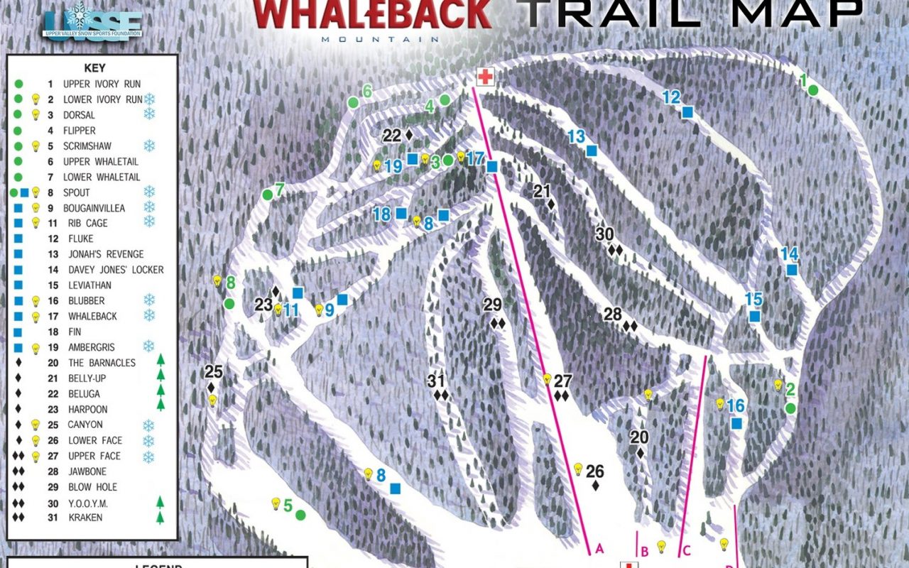 Ski Trail Map for Whaleback Mountain Ski Area in Enfield, NH