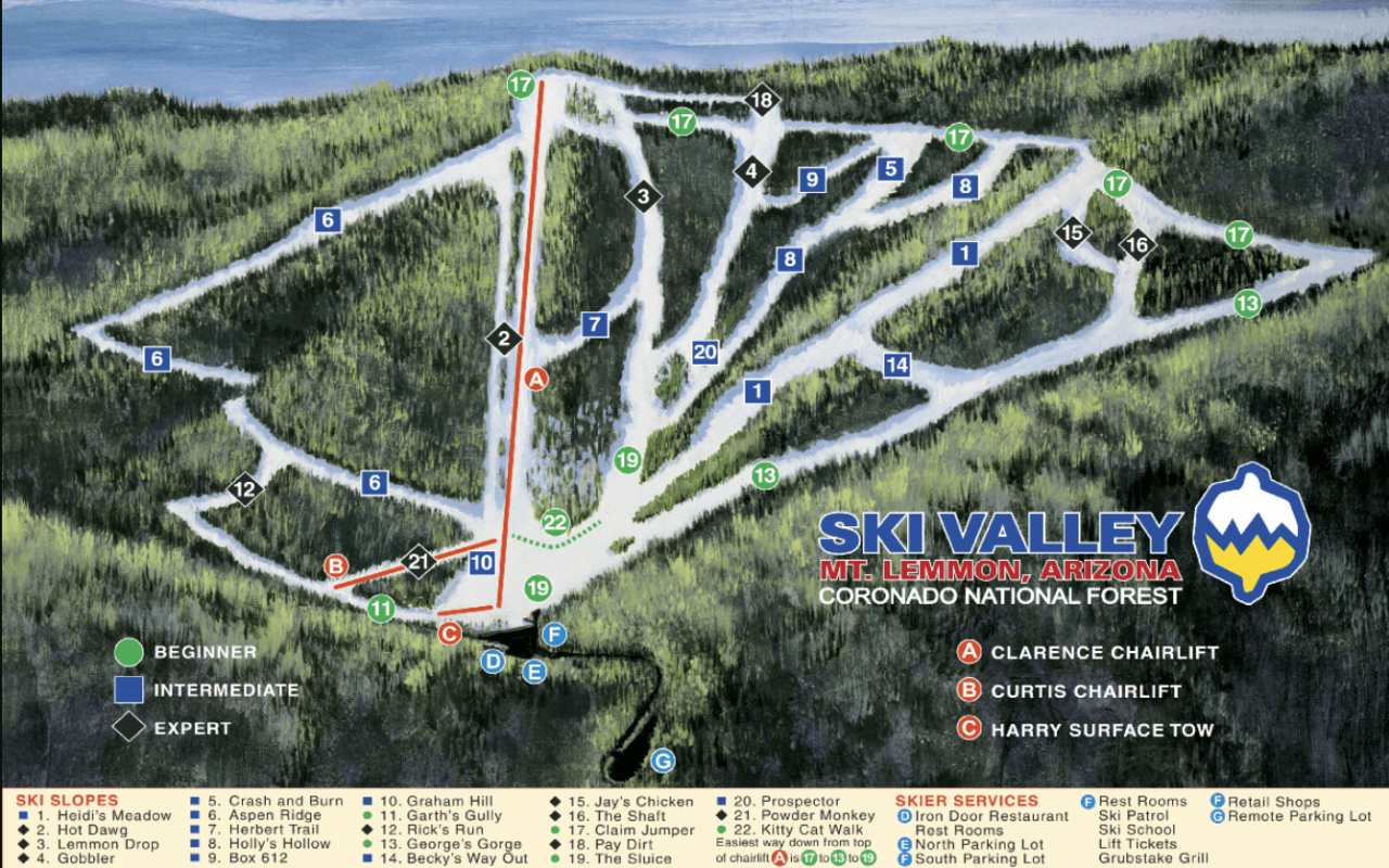 Ski Trail Map for Mount Lemmon Ski Valley in Mt Lemmon, AZ